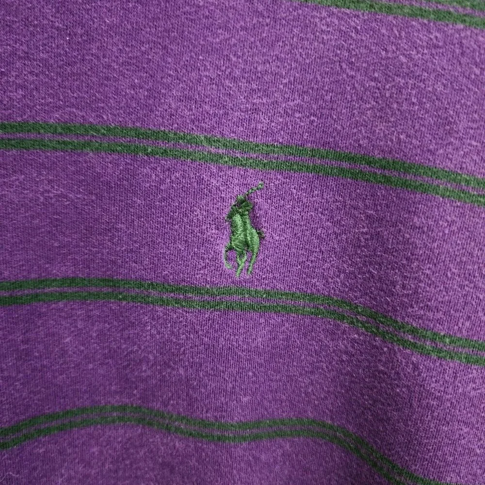 POLO Ralph Lauren Purple Striped Polo Shirt Size M 100% Cotton Green‎ Pony